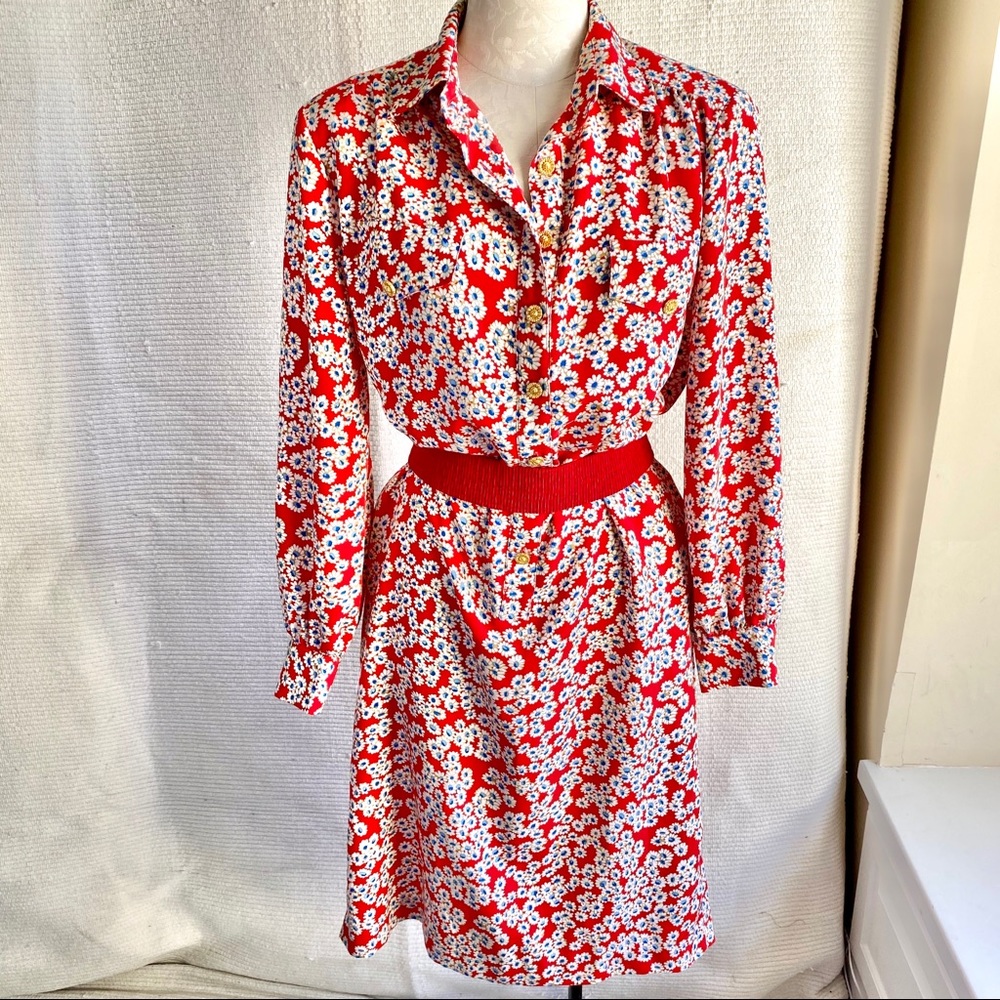 Vintage 90s S/M Daisy Print Secretary Dress Red July 4th - Picture 3 of 8